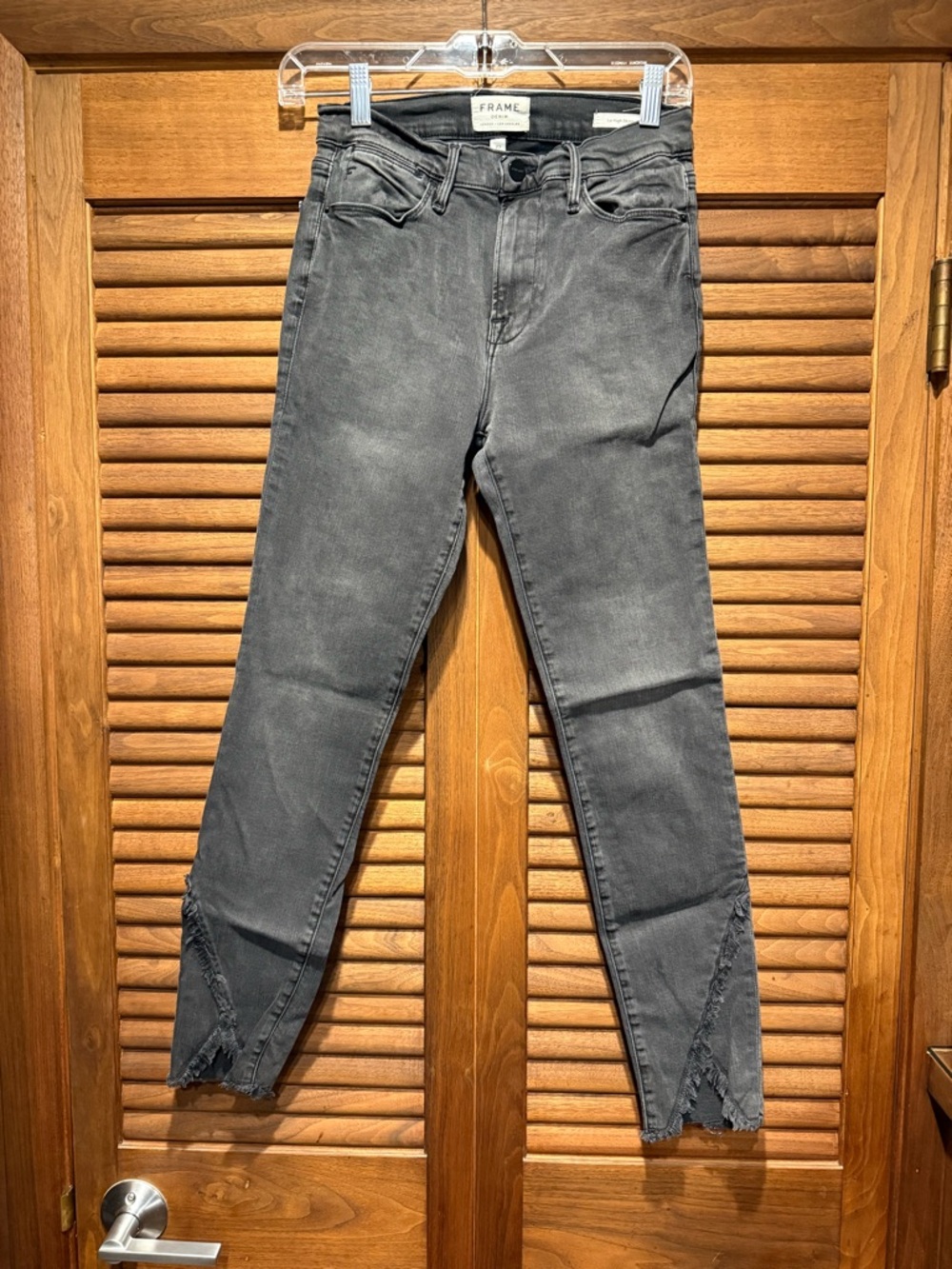 Frame Denim Washed Black High-Rise Ankle Jeans with Frayed Split Hem